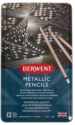 Creioane colorate Derwent Professional Metallic, cutie metalica, 12 culori/set, metalizate